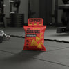 Red package of 'The Curators' protein chips with text on a red background