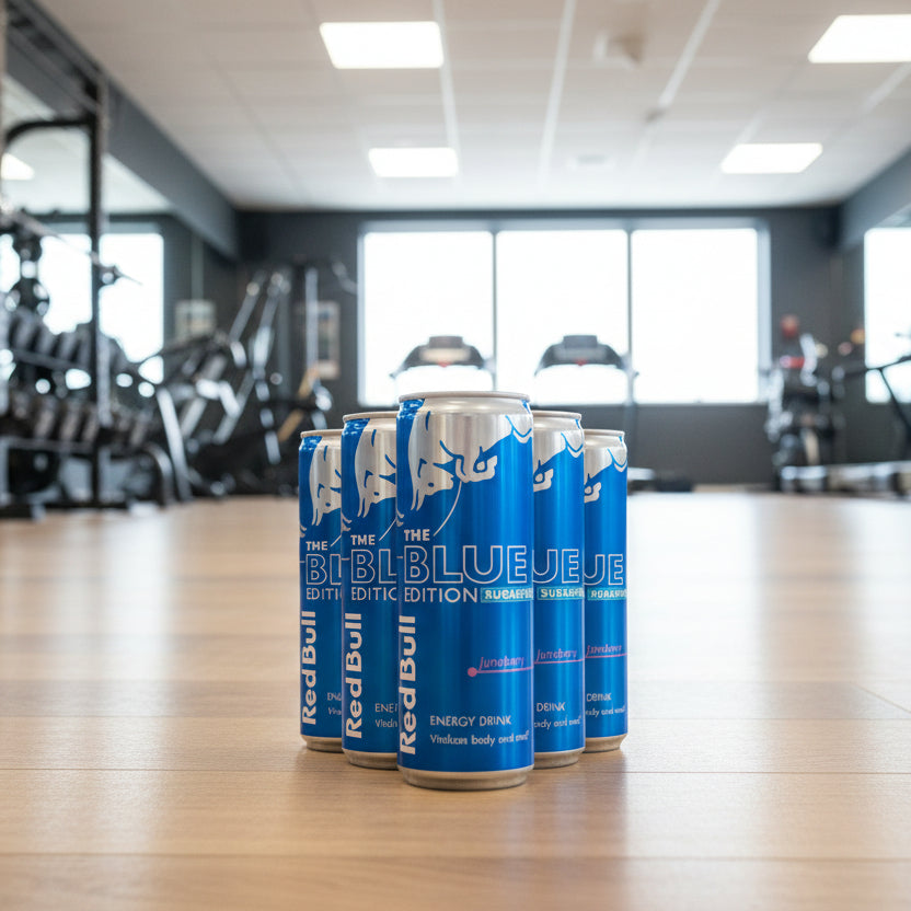 Red Bull Blue Edition energy drink cans on a wooden floor in a gym.