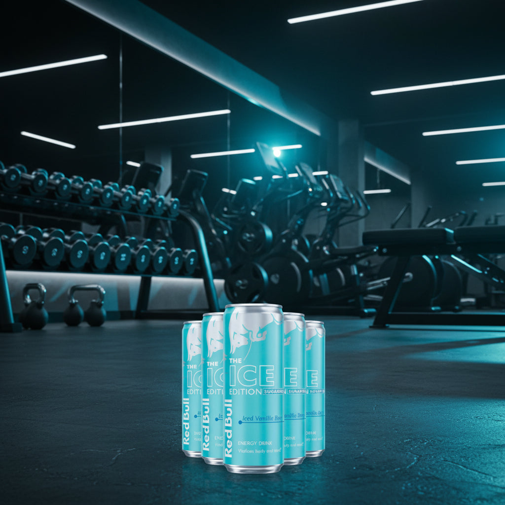 Red Bull Ice edition cans on a gym floor with fitness equipment in the background