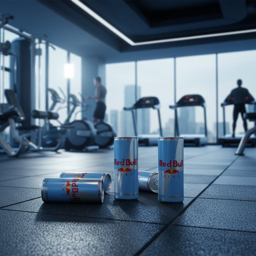Red Bull energy drink cans on a gym floor with blurred gym-goers in the background