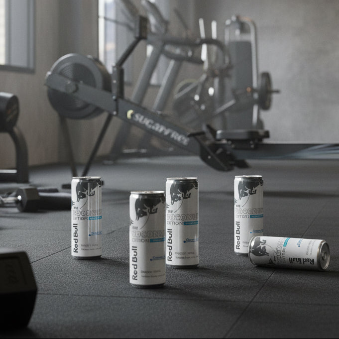 Red Bull energy drink cans on a gym floor with exercise equipment in the background