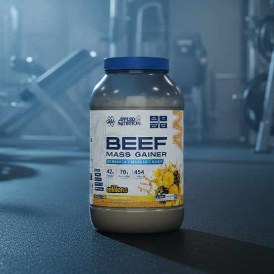 Beef mass gainer supplement container with Applied Nutrition branding on a gym background