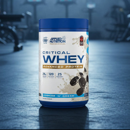 Applied Nutrition Critical Whey Tub on a gym floor