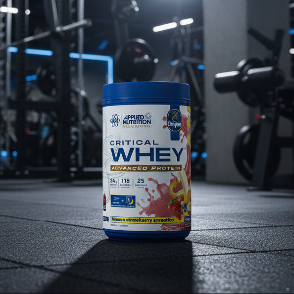 Applied Nutrition Critical Whey Tub on a gym floor