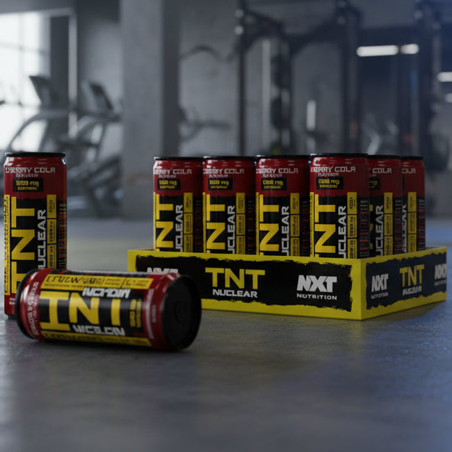 Supplement products including cans and boxes with 'TNT' branding on a blurred gym background.