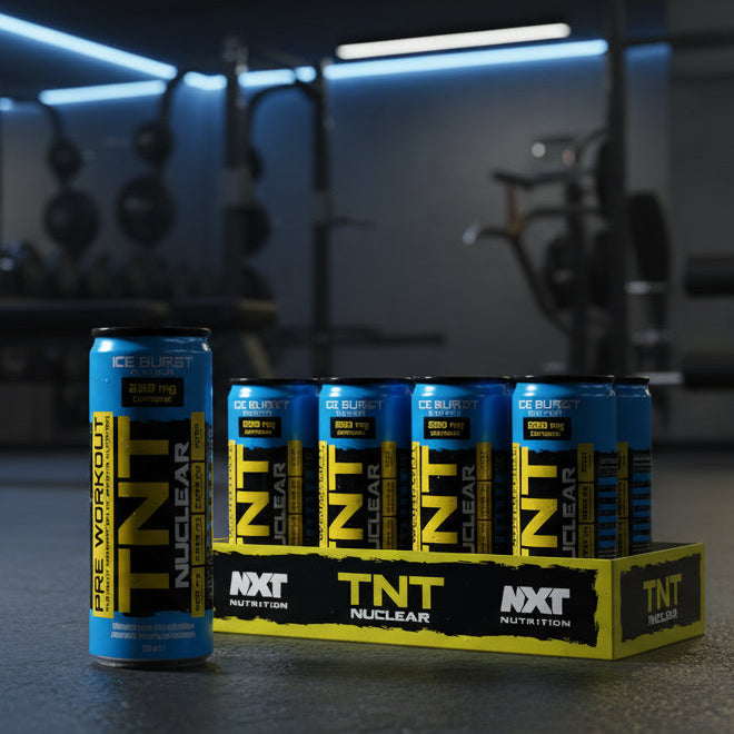 NXT and TNT nutrition cans in a gym setting