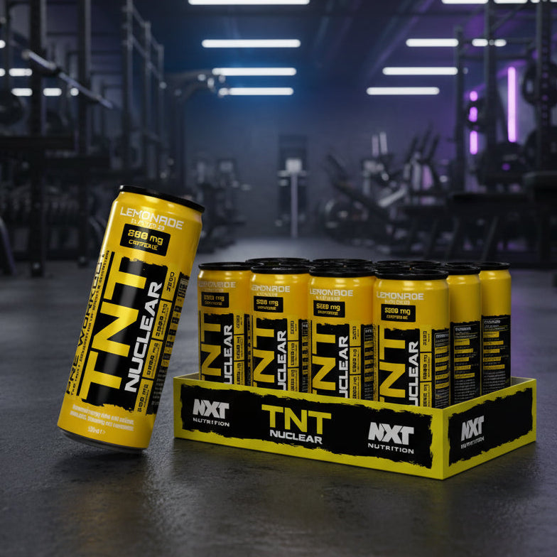 Yellow and black pre-workout supplement cans with packaging on a gym background